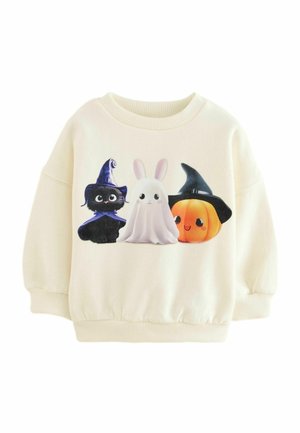 Crèmekleurige sweatshirt met Halloween-thema print met een zwarte kat met een heksenhoed, een spookkonijn en een glimlachende pompoen met een heksenhoed.