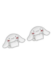 Orecchini in smalto argento a forma di coniglietto con accenti rossi, caratterizzati da un'espressione facciale carina e un design cartoonesco.