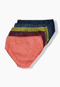 Vijf paar gestreepte onderbroeken in verschillende kleuren: oranje, marineblauw, groen, donkerpaars en blauw. Elk paar heeft een elastische tailleband.