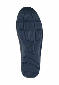 Navy rubber shoe sole featuring a textured tread pattern with multiple grooves and ridges for grip. Includes a "Water-resistant" label.