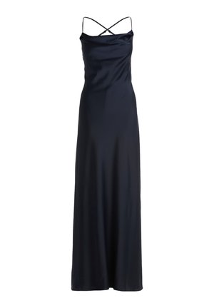 Námořnické saténové maxi šaty s přiléhavým korzetem, nastavitelnými křížovými ramínky a hladkým, splývavým siluetou.