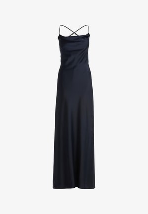 Marine satin maxikjole med tætsiddende bodice, justerbare krydsede spaghetti-stropper og en glat, strømmende silhuet.