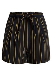 Pantalones cortos negros con rayas verticales amarillas, un cinturón de tela, un diseño con pliegues en la parte delantera y una textura suave. Adecuados para uso informal.