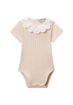 Body bébé en tricot beige à manches courtes, rayures verticales ajourées, col blanc festonné avec petites fleurs brodées et pressions.