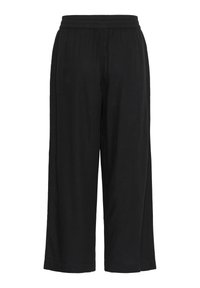 Pantalon noir à jambes larges avec taille élastique, coupe décontractée et ourlet à la cheville.