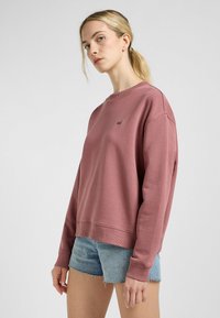Sudadera de color rosa con cuello y puños de canalé, que presenta un pequeño logotipo negro. Combinada con pantalones cortos de denim, mostrando un ajuste relajado.