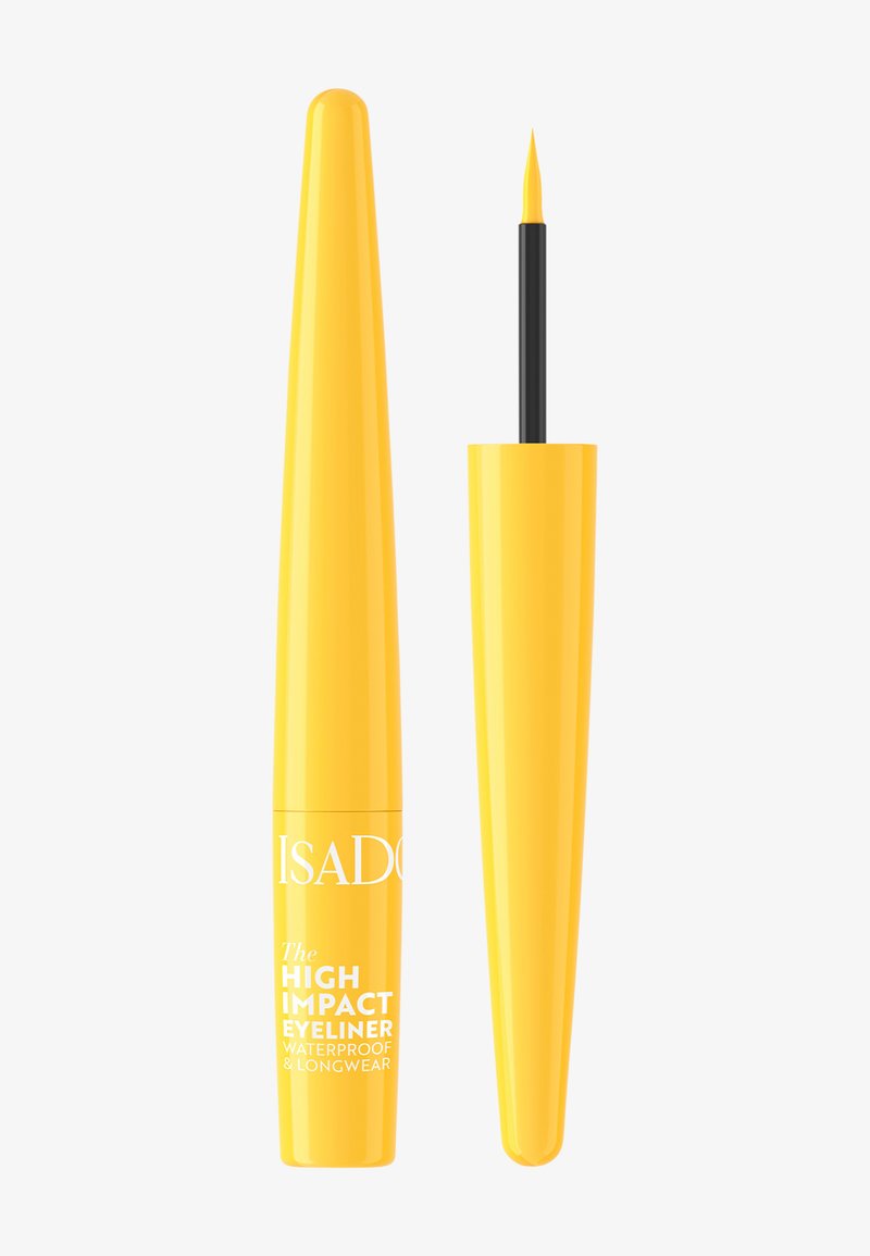 Tube jaune d'eyeliner liquide waterproof IsaDora High Impact avec applicateur pinceau fin, présenté fermé et ouvert.