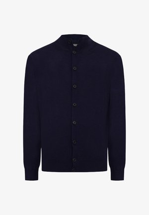 Navy blue cardigan with a stand collar, full button closure, long sleeves, and ribbed cuffs and hem. Made of soft, textured fabric.