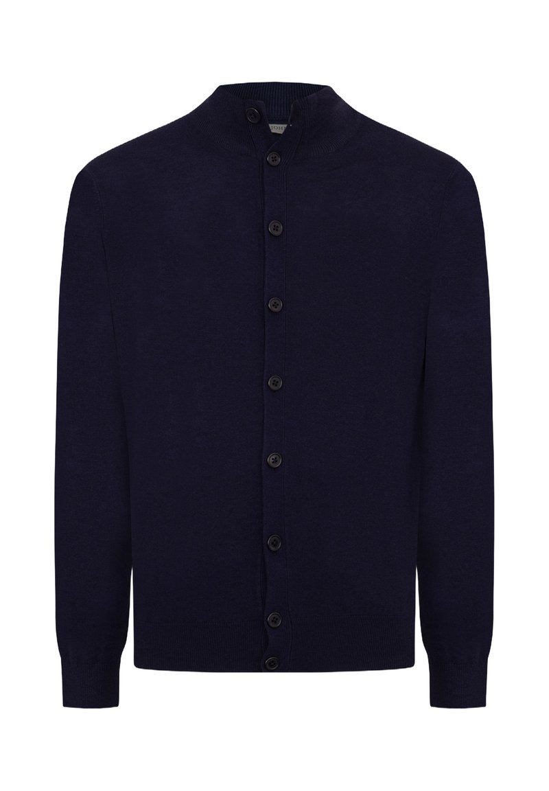 Cardigan blu navy con colletto alto, chiusura a bottoni completa, maniche lunghe e polsini e orlo a coste. Realizzato in tessuto morbido e testurizzato.
