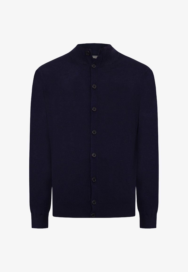 Cardigan blu navy con colletto alto, chiusura a bottoni completa, maniche lunghe e polsini e orlo a coste. Realizzato in tessuto morbido e testurizzato.