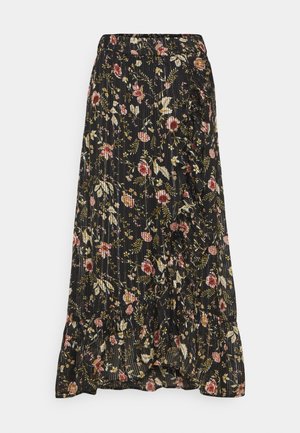 Jupe midi plissée noire avec motif floral multicolore et bordure à volants à l'avant et à l'ourlet.