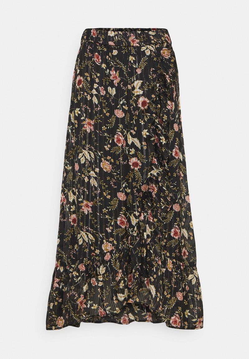 Jupe midi plissée noire avec motif floral multicolore et bordure à volants à l'avant et à l'ourlet.