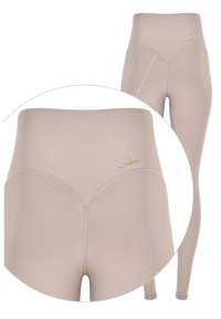 Bež leggingi z visokim pasom z gladko teksturo. Imajo zlat logo in edinstven šiv v obliki črke V na hrbtni strani, kar izboljša prileganje.