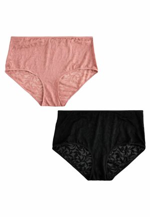 Ein Paar hochtaillierter Unterhosen in zartem Rosa und Schwarz, mit einem Blumendruck auf transparentem Material und elastischen Bündchen.