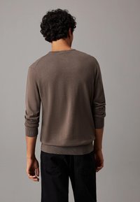 Maglione marrone a maglia con collo tondo e maniche lunghe, caratterizzato da polsini e orlo a coste. Indossato sopra pantaloni scuri, visto da dietro.
