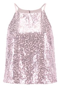 Haut rose à sequins avec un motif imprimé, des bretelles spaghetti réglables et une fermeture éclair au dos. Surface brillante et texturée avec des éléments réfléchissants.