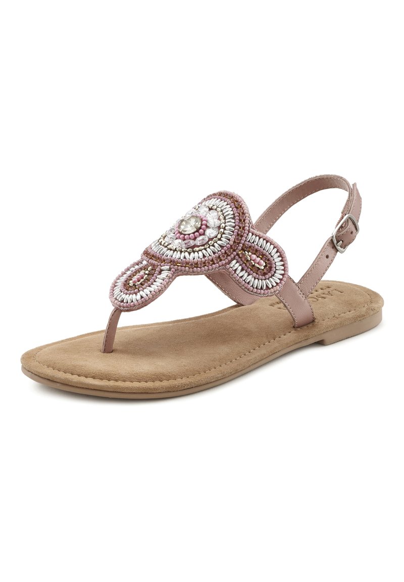 Sandali rosa con decorazioni di perline, dotati di una cinghia per le dita dei piedi e una cinghia per la caviglia con fibbia. Soletta morbida beige e suola piatta.