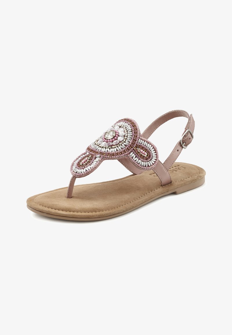 Sandali rosa con decorazioni di perline, dotati di una cinghia per le dita dei piedi e una cinghia per la caviglia con fibbia. Soletta morbida beige e suola piatta.