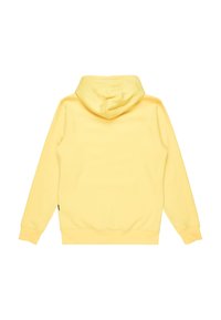 Sudadera amarilla con capucha, hecha de una tela suave, que presenta un bolsillo canguro, puños y dobladillo acanalados, con una parte trasera lisa y sin patrones.