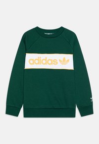 Grön sweatshirt med vitt horisontellt band och gult "adidas"-logotyp. Har raglanärmar och ribbade muddar och nederkant.