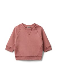 Felpa a maniche lunghe per bambini di colore rosa polveroso, con girocollo, polsini e orlo a coste, e dettaglio a maglia a triangolo sotto il colletto, disposta su uno sfondo bianco.