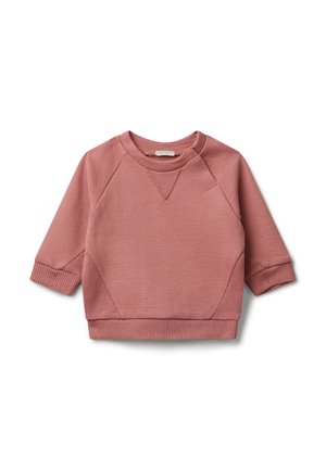 Sweatshirt pour tout-petit à manches longues de couleur rose poudré, avec col ras du cou, poignets et ourlet côtelés, et détail en tricot en triangle sous le col, posé à plat sur un fond blanc.