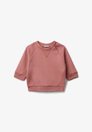 Stofroze langemouwen peuter sweatshirt met ronde hals, geribde manchetten, zoom en driehoekige brei details onder de kraag, plat gelegd op een witte achtergrond.