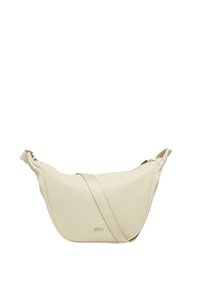 Hellbeige Schultertasche aus perforiertem Material, mit geschwungener Form, verstellbarem Tragegurt und Reißverschlussverschluss oben.