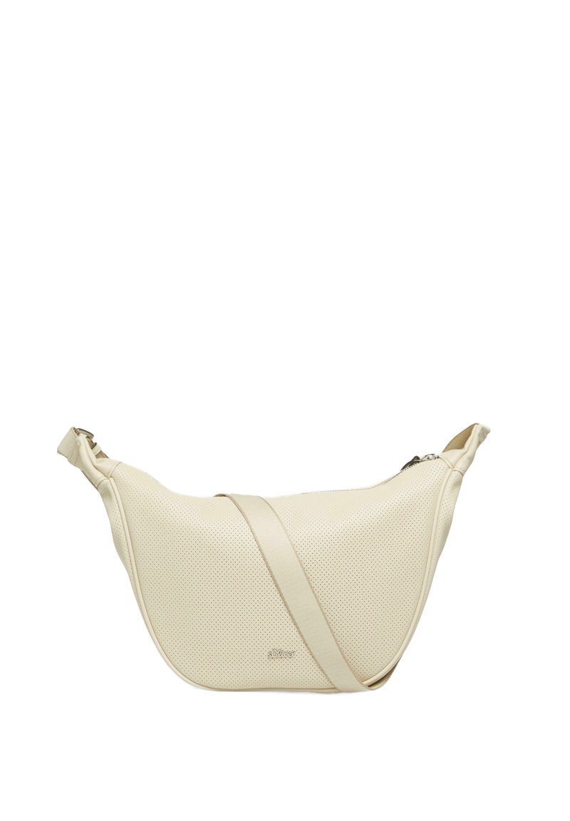 Hellbeige Schultertasche aus perforiertem Material, mit geschwungener Form, verstellbarem Tragegurt und Reißverschlussverschluss oben.