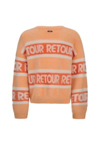 Fluffy oranje trui met witte horizontale strepen en het woord "RETROUR" in vette letters. Ronde halslijn en mouwen met een cuff.