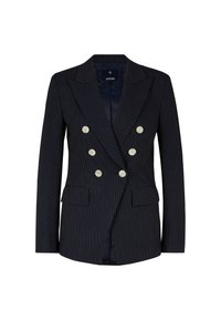 Dunkelblauer, doppelt geknöpfter Blazer mit weißen Nadelstreifen, mit aufgeschlagenen Revers, zwei Fronttaschen und cremefarbenen Knöpfen. Glatte Stoffstruktur.