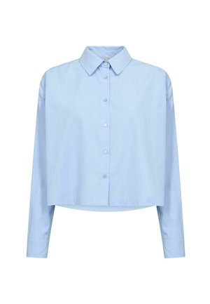 Camicia corta azzurro chiaro con colletto a punta, maniche lunghe e orlo dritto. Realizzata in tessuto di cotone liscio.