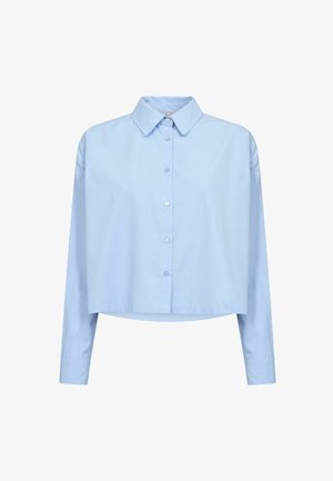 Camicia corta azzurro chiaro con colletto a punta, maniche lunghe e orlo dritto. Realizzata in tessuto di cotone liscio.