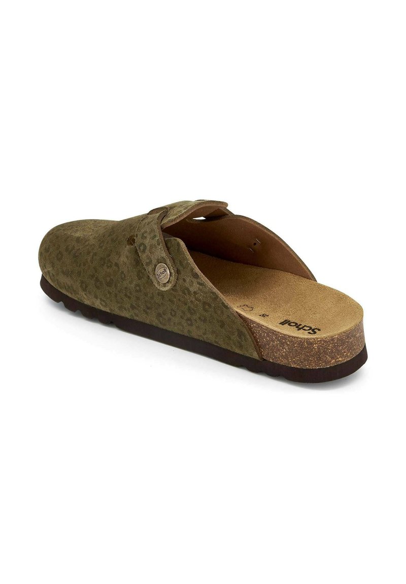 Grüne Leopardenmuster Wildleder Slipper mit Korkeinlegesohle, verstellbarem Riemen und strukturiertem Gummisohle. Elegantes Design für Komfort.