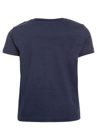 Camiseta de manga corta color azul marino, con cuello redondo, de material de algodón suave, diseño liso sin patrones ni acentos visibles.