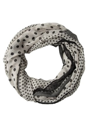 Lichtgrijze infinity-sjaal met zwarte polka dots in verschillende maten en zwarte kanten randdetail.