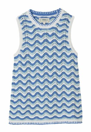 Nátělník bez rukávů s modrými, bílými a světle modrými vlnkovými pruhy a kulatým výstřihem, s tkanou značkovou etiketu uvnitř.