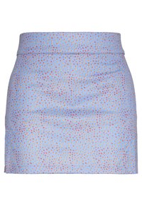 Světle modrá sukně s puntíkovaným vzorem v červené a žluté barvě. Vyrobena z hladké látky, má přiléhavý střih s pasovým pruhem.