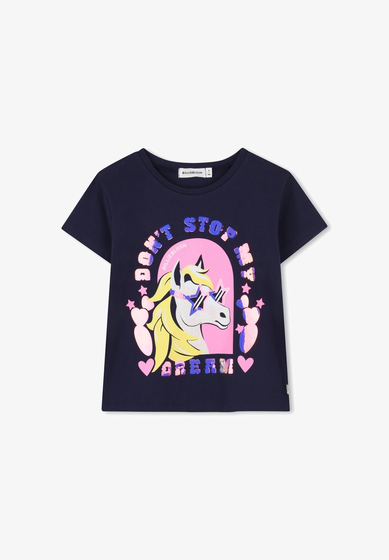 Jūras spēku kokvilnas T-krekls ar vienradža grafiku, kas rotāta ar mirdzošiem akcentiem, tekstu "NEAPSTĀJIES MANĀ SAPNĪ" un sirds rakstiem rozā un purpursarkanā krāsā.