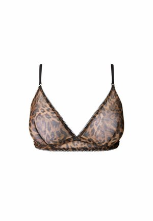 Leoprint durchsichtiges Mesh-Bralette mit schwarzen verstellbaren Schulterriemen und gezacktem Besatz an den Rändern.