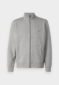 Grauer Sweatshirt mit Reißverschluss aus weicher Baumwolle, ausgestattet mit einem hohen Kragen, zwei Vorderentaschen und einem kleinen Logo auf der linken Brustseite.