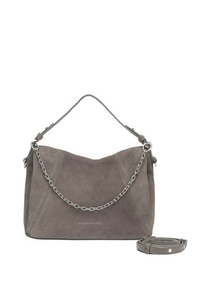Gray suede handbag with a silver chain handle, featuring a fold-over design and a removable strap, smooth texture, and minimalist accents.