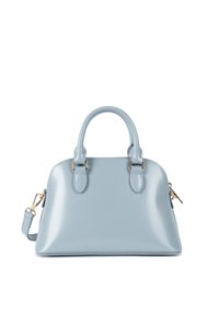 Sac à main en cuir bleu clair avec un design structuré, deux poignées supérieures, une bandoulière amovible et des accents en métal doré.