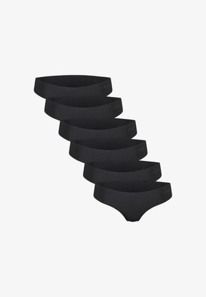 Schwarzes Unterwäsche-Set mit nahtlosem Design, weichem elastischen Bund, niedriger Schnitt und glatter Textur. Sechs Teile in gestapelter Anordnung dargestellt.