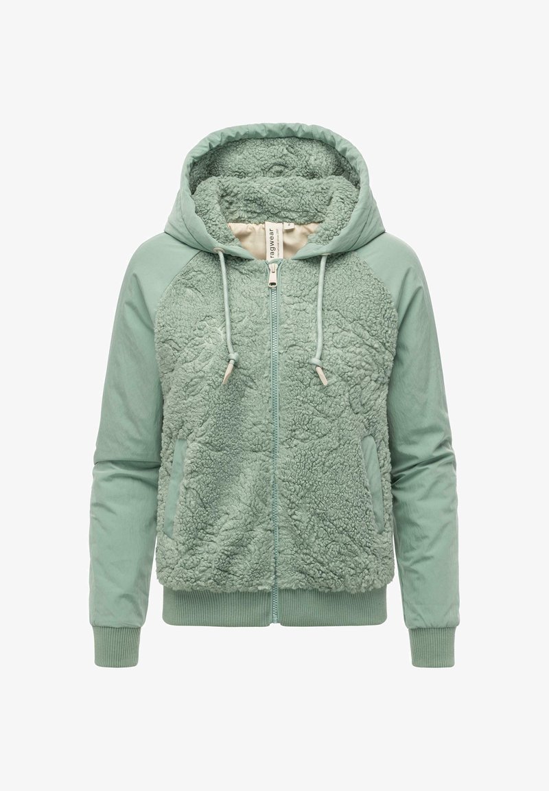 Zippered hooded jacket in soft light green, featuring a plush textured front, smooth sleeves, and ribbed cuffs and hem. Two side pockets included.