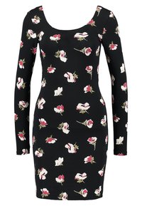 Robe noire à manches longues en tissu extensible, ornée d'un motif floral blanc et rouge, avec un décolleté rond et une silhouette ajustée.