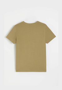 Khaki koszula t-shirt z krótkim rękawem i okrągłym dekoltem, wykonana z miękkiej, gładkiej tkaniny, z plain plecami bez wzorów lub akcentów.