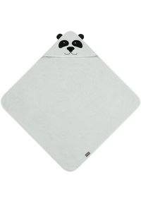 Panda-motiviertes Badetuch. Hergestellt aus weichem, hellgrauem Stoff. Hat eine dreieckige Form mit schwarzen Akzenten für Augen und Ohren, strukturierte Oberfläche.