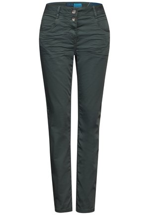 Donkergroene, rechtlopende broek gemaakt van gladde stof. Heeft twee voorzakken, twee achterzakken en een dubbele knoopsluiting.