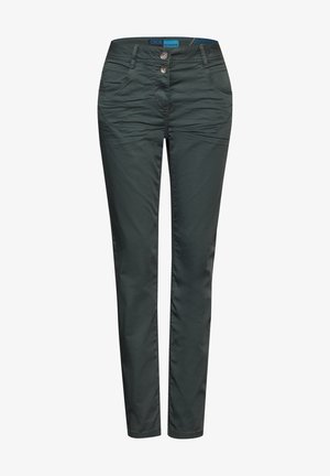 Donkergroene, rechtlopende broek gemaakt van gladde stof. Heeft twee voorzakken, twee achterzakken en een dubbele knoopsluiting.